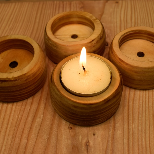 Tealight holder set of 4 wood oak larch natural flamed three variations sustainable upcycling