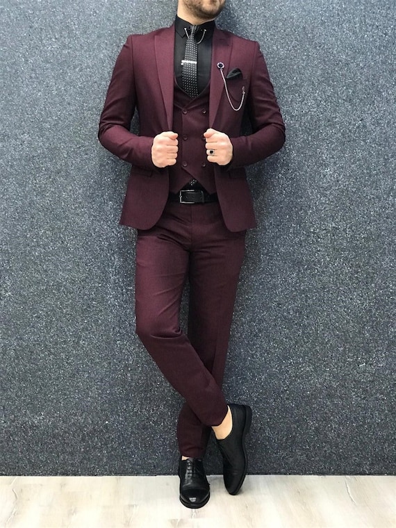 Fashion Burgundy Suit Men Set Prom Wedding Suits for Men Tailored Slim fit  Men's Blazer Groom Marriage Tuxedo Dress Jacket Pants - AliExpress