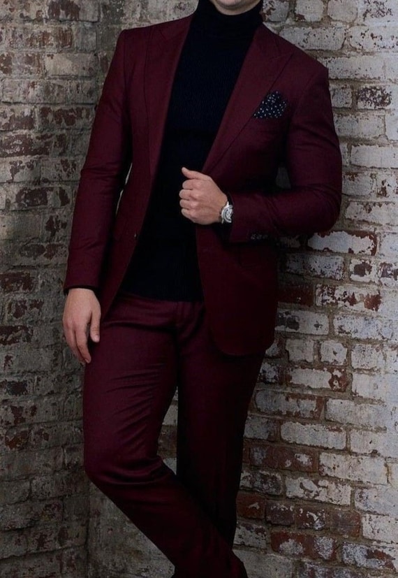 2023 Burgundy Two Pieces Mens Suits Slim Fit Wedding Grooms