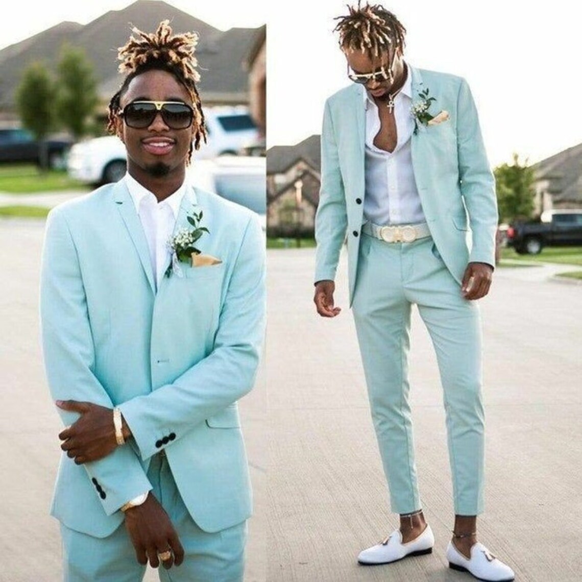 Men's Suits Mint Green 2 Piece Slim Fit Elegant Suit Formal Fashion