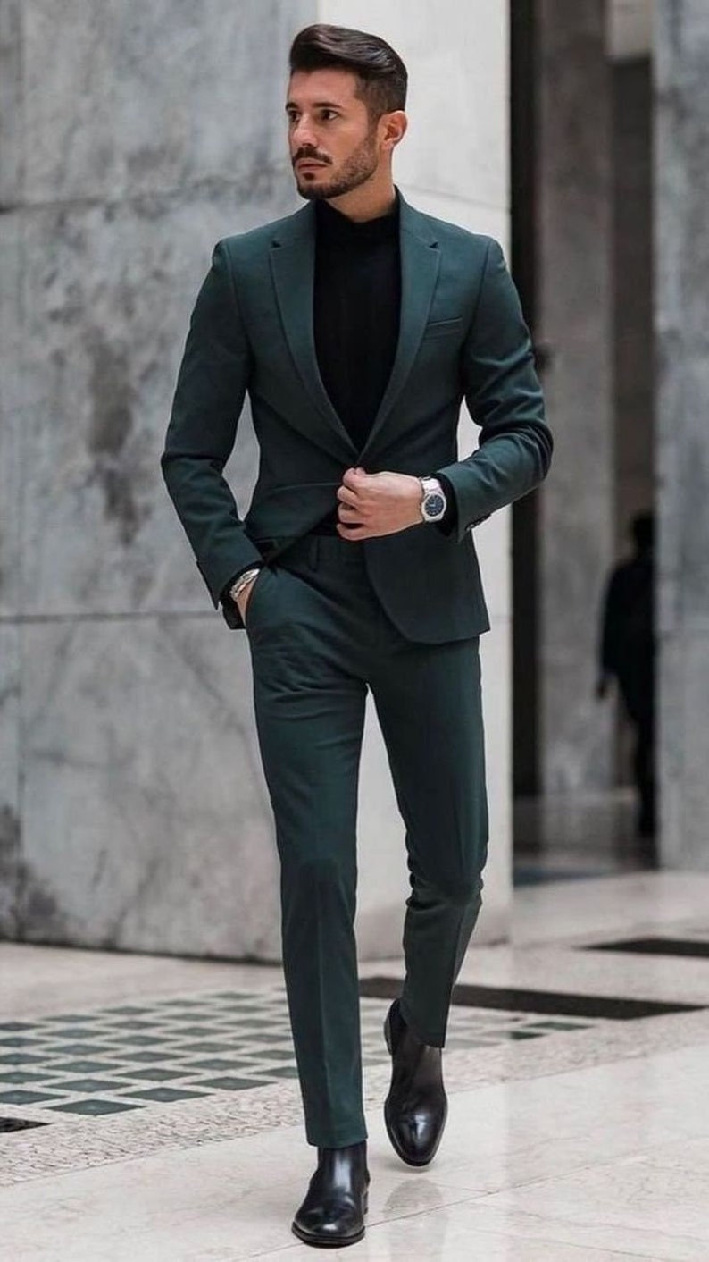Men Suit, Man Suits, Formal Fashion Green Suit 2 Piece Slim fit Suits, Mens Prom Suit Groom Wear Dress for wedding engagement Business. image 4