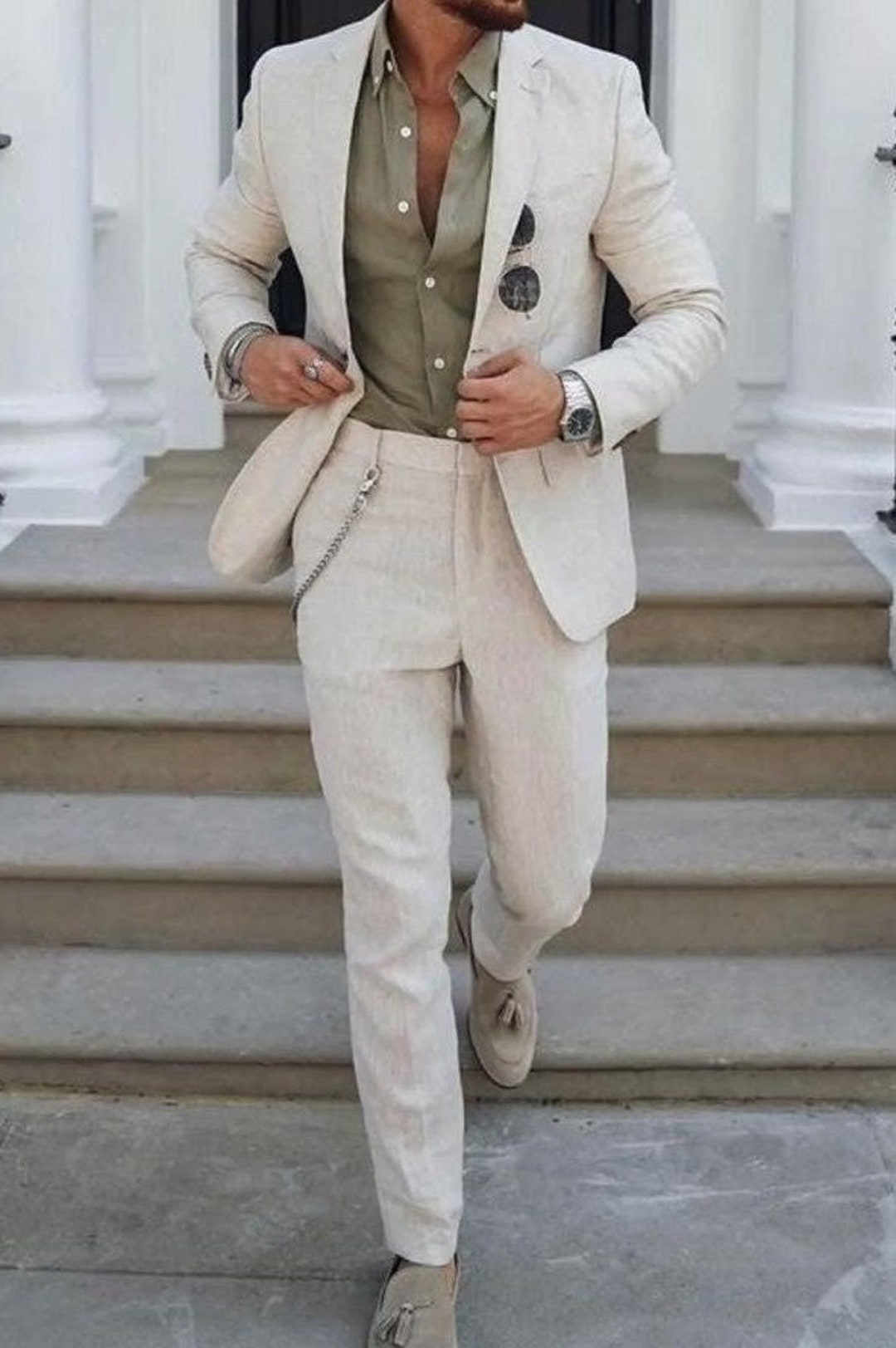 thumbnail image 2 of 38 Linen Suit - Mens Summer Suits In Beige Color - Beach Wedding 2 of 10