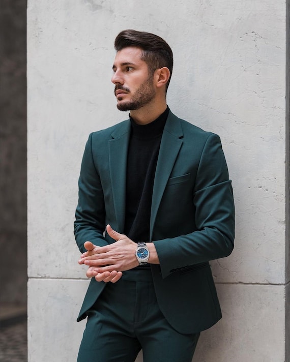 Men Slim Fit Suit Dark Green Tuxedo Groom Dinner Prom Casual Blazer Pants  Wear | eBay