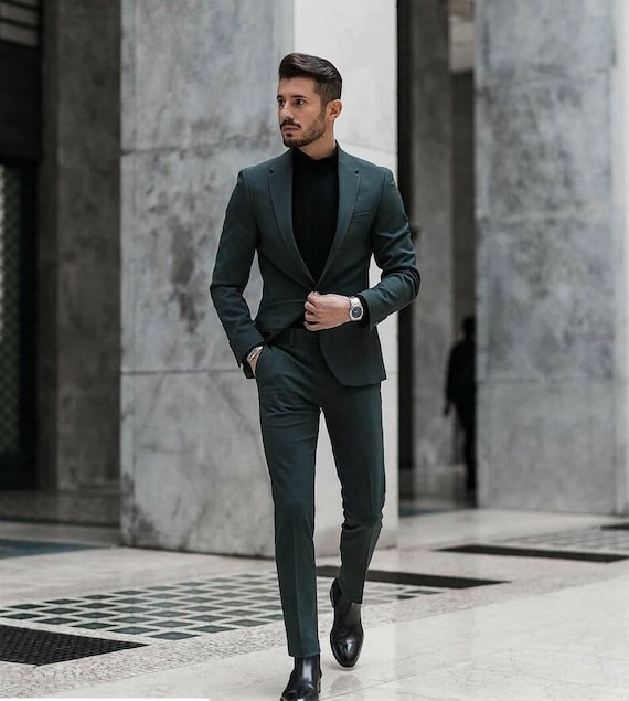 Men Suit, Man Suits, Formal Fashion Green Suit 2 Piece Slim Fit