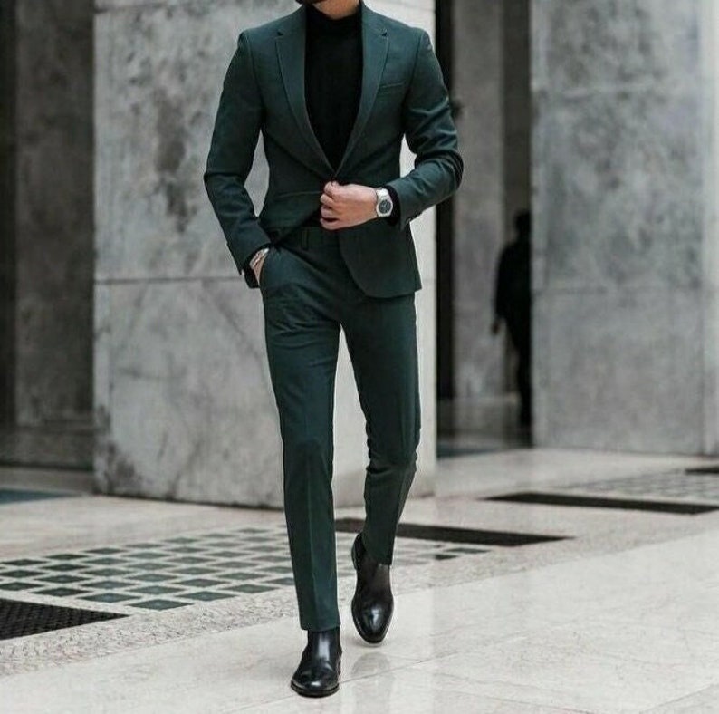 Men Suit, Man Suits, Formal Fashion Green Suit 2 Piece Slim fit Suits, Mens Prom Suit Groom Wear Dress for wedding engagement Business. image 3
