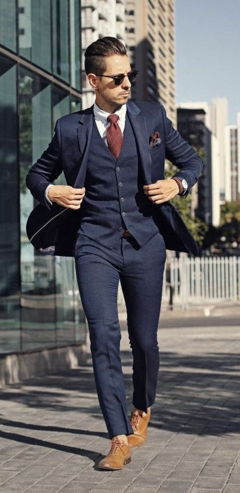 Men Suit Stylish Navy Blue Suit 3 Piece Suit Business Suit For Men