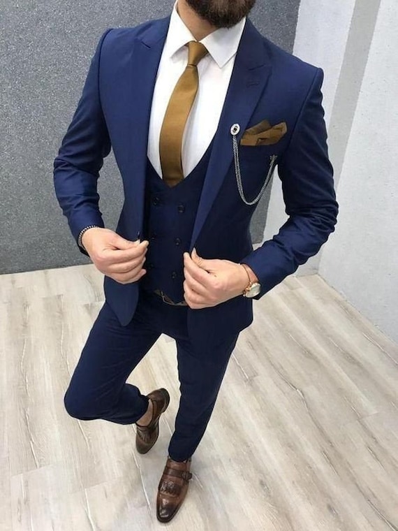 Men Blue 3 Piece Business Summer Suit Slim Fit One Button Bespoke Party  Wear Suit 