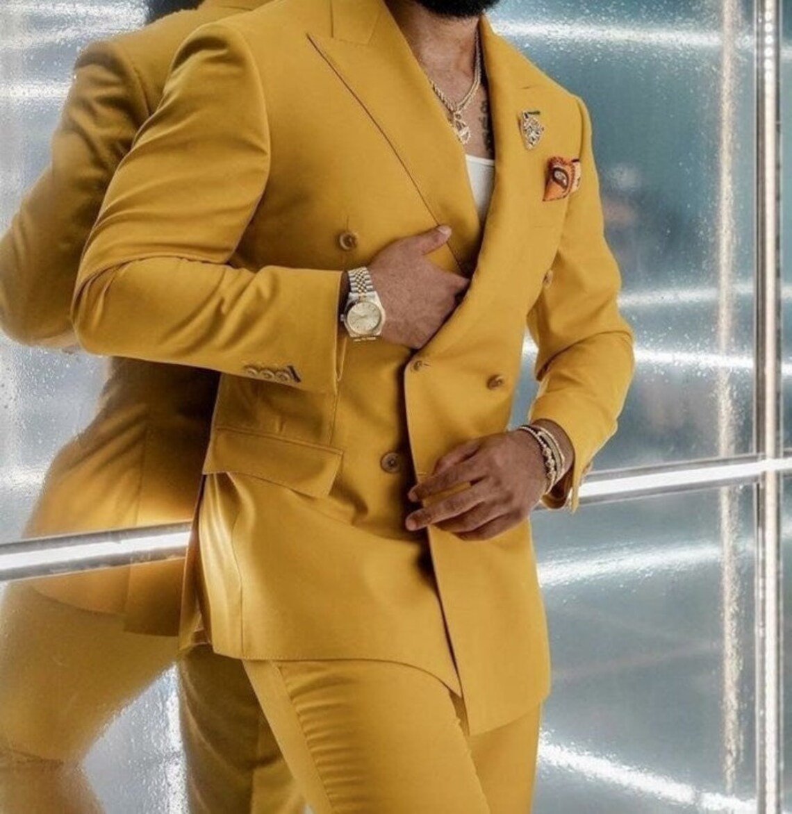 Men Wedding Suit Yellow Mustard Double Breasted Groom Wear Suit 2 Piece