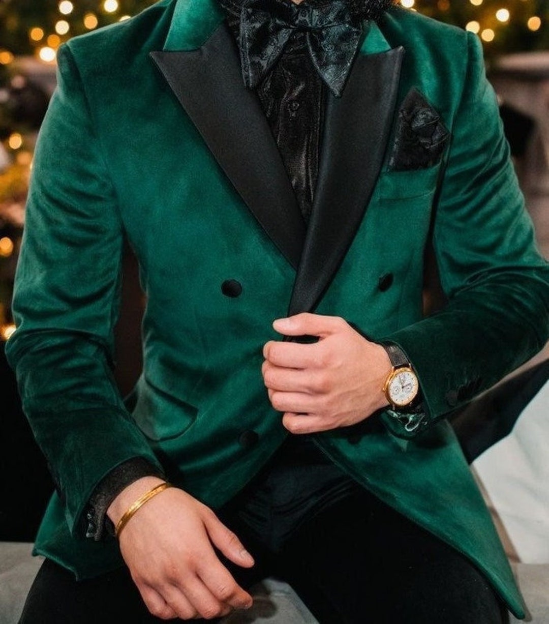 Men's Dark Green Velvet Blazer for Men Double Braested Jacket Dinner ...
