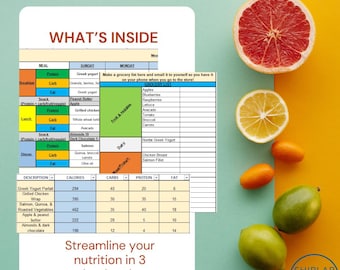 Planificador nutricional digital en Excel, rastreador de macronutrientes y hoja de cálculo para la planificación de comidas para una vida saludable.
