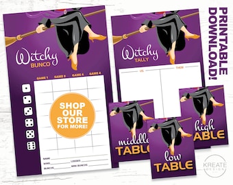 Halloween Witch Bunco Set, Bunco Scorekaarten, Tally Sheets, Tafelkaarten en Tafeltenten, Afdrukbaar - Direct downloaden