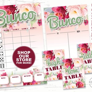 Floral Flower Bunco Set, Bunco Score Cards, Tally Sheets, Table Cards and Table Tents, Printable - Instant Download