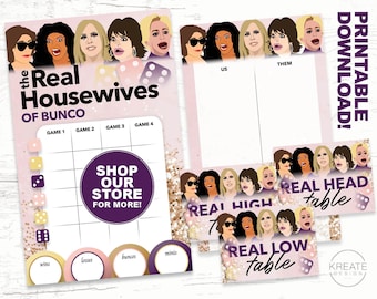 Real Housewives Bunco Set, Bunco Scorekaarten, Telbladen, Tafelkaarten en Tafeltenten, Afdrukbaar - Direct downloaden