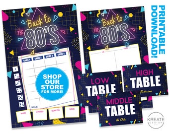 Terug naar de jaren 80 Bunco Set, Bunco Scorekaarten, Tally Sheets, Tafelkaarten en Tafeltenten, Afdrukbaar - Direct downloaden