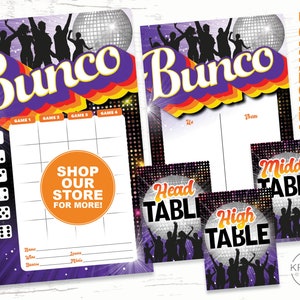 Juego de baile Bunco de discoteca de los años 70, tarjetas de puntuación de Bunco, hojas de recuento, tarjetas de mesa y carteles de mesa, imprimibles: descarga instantánea