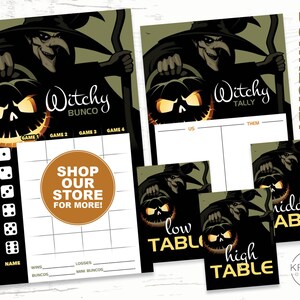 Witch Halloween Bunco Set, Bunco Score Cards, Tally Sheets, Table Cards and Table Tents, Printable - Instant Download