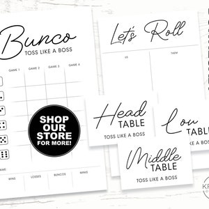 Peut inclure: Ensemble de feuilles de jeu et de cartes de table imprimables pour le jeu de Bunco. La feuille principale présente le mot "Bunco" en écriture élégante, avec des espaces pour les scores et des illustrations de dés. Cartes supplémentaires incluses.