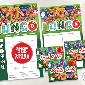 Ugly Christmas Sweater Bunco Set, Bunco Score Cards, Tally Sheets, Table Cards and Table Tents, Printable - Instant Download