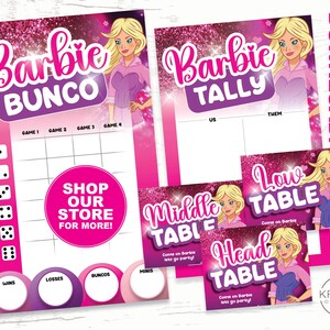 Barbie Bunco Set, Bunco Score Cards, Tally Sheets, Table Cards and Table Tents, Printable - Instant Download
