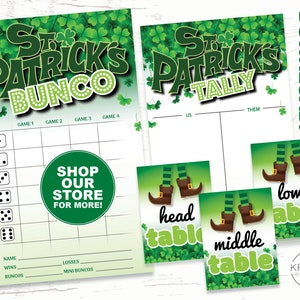 St. Patrick&#39;s Bunco Set, Bunco Score Cards, Tally Sheets, Table Cards and Table Tents, Printable - Instant Download