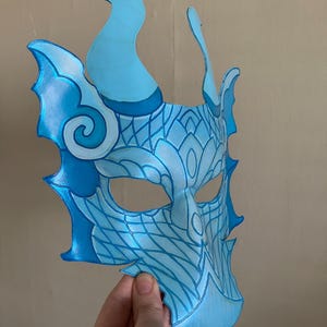 Misty Blue Leather Dragon Mask With Iridescent Scales