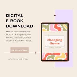 May include: A digital ebook download displayed on a tablet screen with a colourful abstract background. The ebook is titled "Managing Stress" with the hashtag "@therapywithdivina".