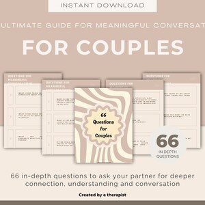Puede incluir: Una guía imprimible para parejas con 66 preguntas para iniciar conversaciones significativas. La guía presenta un diseño retro con líneas onduladas y un círculo amarillo con el texto "66 Preguntas para parejas".