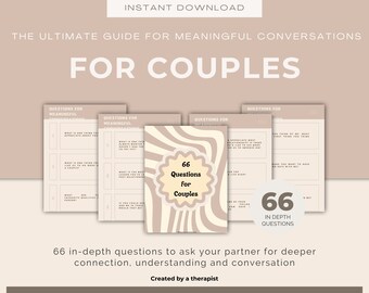 Può includere: Una guida stampabile per le coppie con 66 domande per avviare conversazioni significative. La guida presenta un design retrò con linee ondulate e un cerchio giallo con il testo "66 Domande per le coppie".