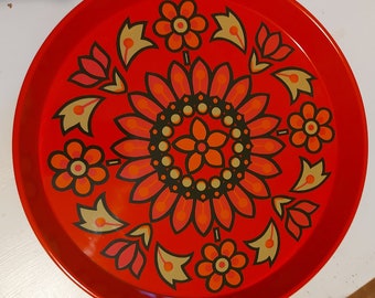 Round Tray in Metal from the 70s Red or Yellow Worcester Ware England type