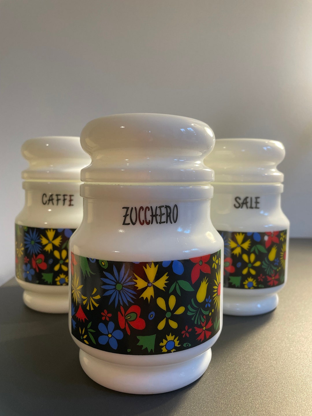 Tre Barattoli sale zucchero e caffè in Vetro bianco Opaline Decor