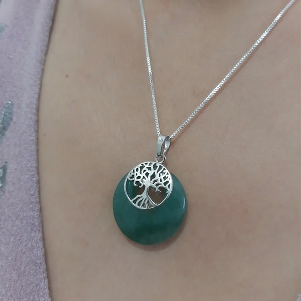 Collier PORTE-BONHEUR, médaillon arbre de vie en Aventurine verte