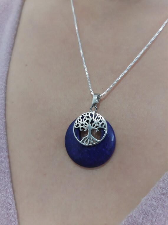 Collier Arbre de vie idée cadeau pas cher, collier argent 925/1000 médaillon lapis lazuli Angoisses et insomnies