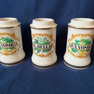 Słoiki apteczne Vintage 1 FOL.BELLAD i 2 NUXMOVICA w stylu wiktoriańskim, apteka medyczna (cena x 3 słoiki)