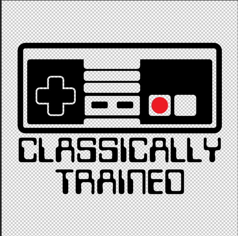 May include: Black and white illustration of a classic video game controller with the text "CLASSICALLY TRAINED" below it.