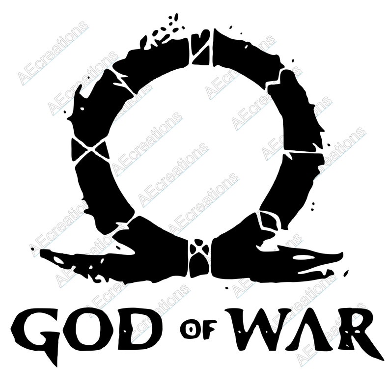 May include: Black and white logo for the video game God of War. The logo features a stylised circle with a jagged edge and the words "God of War" below it.