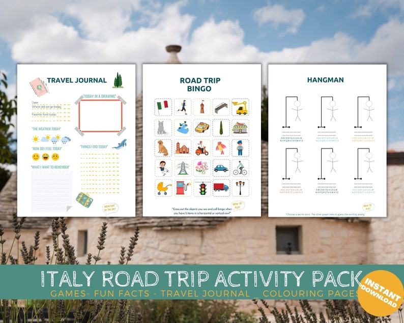 Printable Italy road trip activity pack, Travel Activities, Road Trip Games Bundle, Kids Travel Games, Kids Car Activities, Road Trip Games image 3