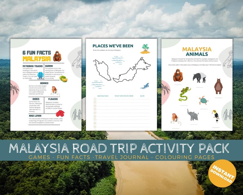 Malaysia activity pack for kids - road games - fun facts malaysia - travel journal kids - colouring pages - word search - word scramble -nature malaysia - animals malaysia - activities kids travel- travel kids games