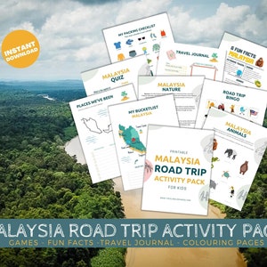 Malaysia activity pack for kids - road games - fun facts malaysia - travel journal kids - colouring pages - word search - word scramble -nature malaysia - animals malaysia - activities kids travel- travel kids games