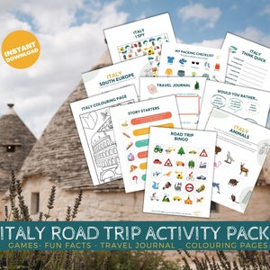 Printable Italy road trip activity pack, Travel Activities, Road Trip Games Bundle, Kids Travel Games, Kids Car Activities, Road Trip Games image 1