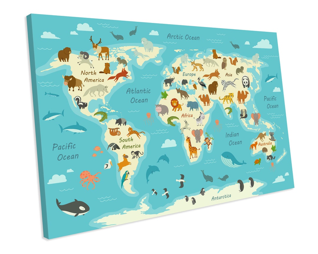 Animal Kids World Map Nursery CANVAS WALL ART Picture Print - Etsy