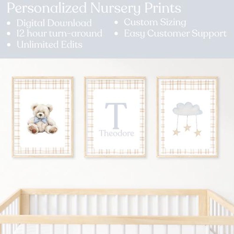 Personalized Nursery Wall Art Set of 3 | Teddy Bear Nursery Prints ...