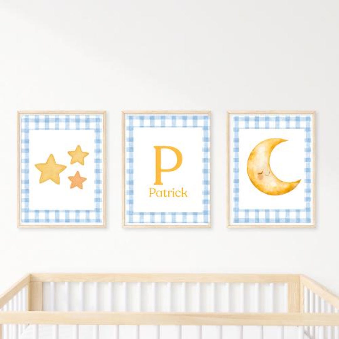 Personalized Baby Boy Nursery Wall Art Set of 3 | Moon Stars Nursery ...