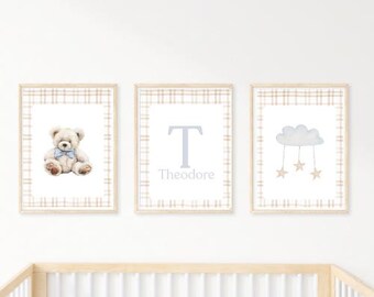 Juego de 3 impresiones de arte de pared personalizado para habitación de bebé / Impresiones de osito de peluche / Arte de pared con nombre de bebé / Decoración neutra para habitación de bebé / Descarga digital