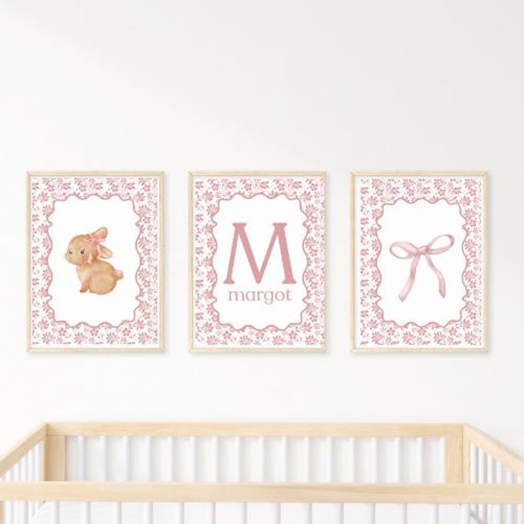 Personalized Bunny Nursery Wall Art Set of 3 | Pink Baby Girl Nursery ...