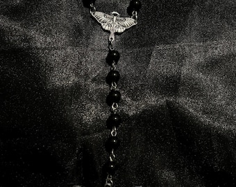 Moth Bead Rosary Necklace | Gothic Alternative Pendant, 23 Inch