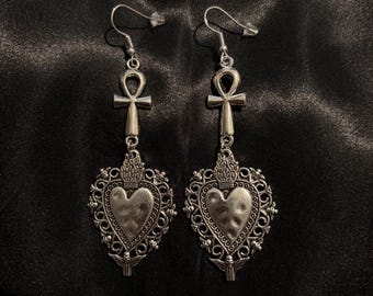 Heart Ankh Cross Earrings – Tibetan Silver, Antique Finish, Gothic Alternative Jewelry