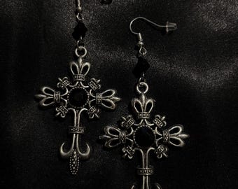 Gothic Cross Earrings – Alt Silver Alloy with Black Gems