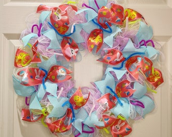 Easter Deco Mesh Ribbon Wreath - Yellow, Pink, Blue, Purple | Holiday Decor | Holiday Wreath