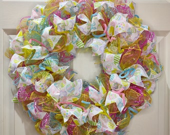 Easter Deco Mesh Ribbon Wreath - Yellow, Pink, Blue, Purple | Holiday Decor | Holiday Wreath