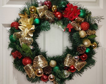 Christmas Ornament Pine Wreath - Gold, Green and Red | Holiday Decoration | Christmas Wreath